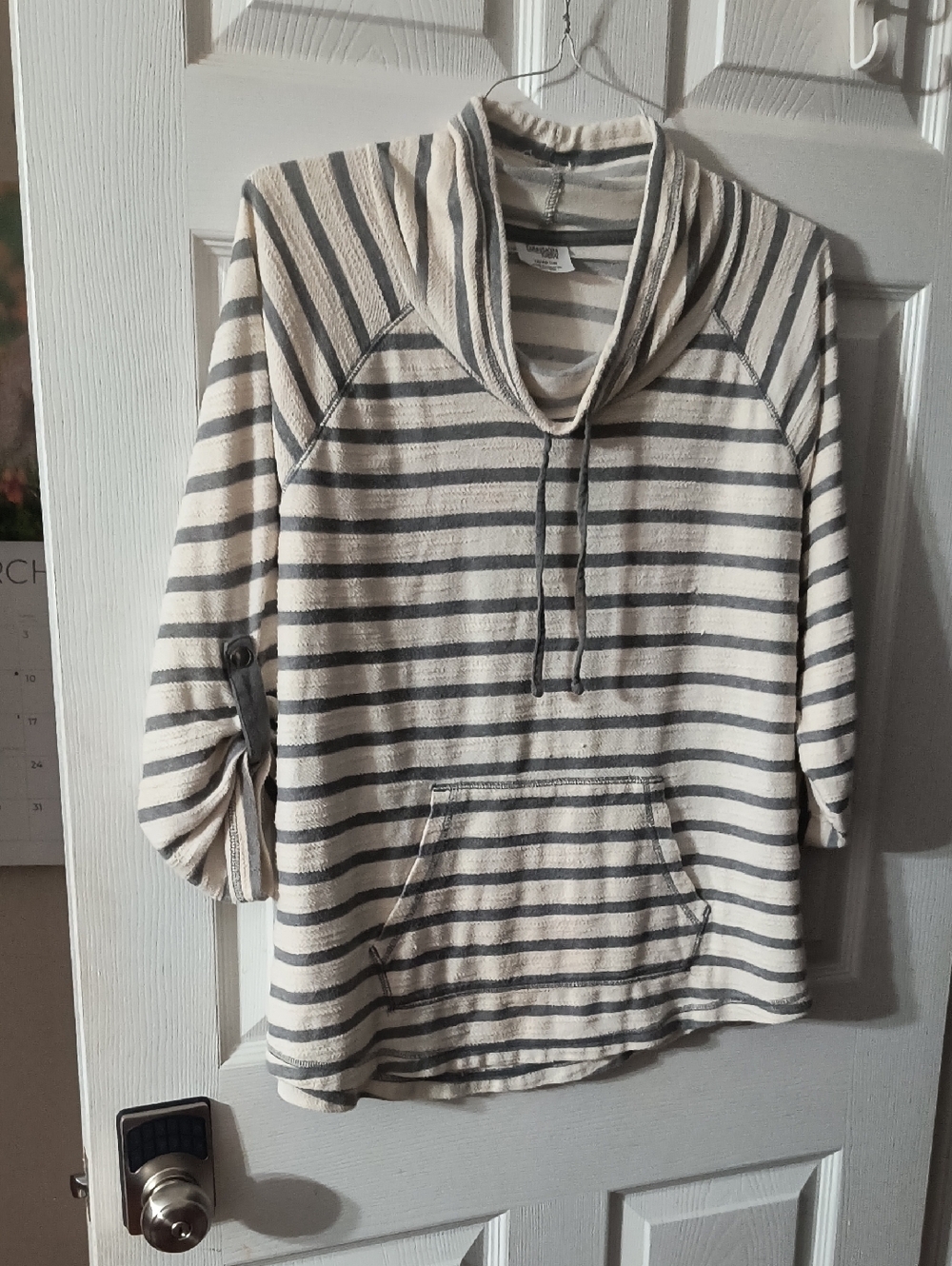 Danskin Striped Cowl Pullover in Cream and Gray